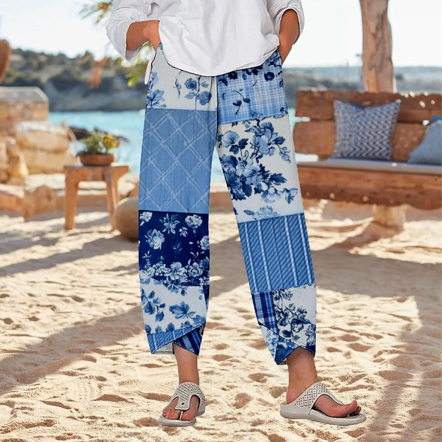 Womens Cotton Linen Blend High Waisted Capri Pants with Pockets Summer Elastic Waist Palazzo Lounge Baggy Trousers