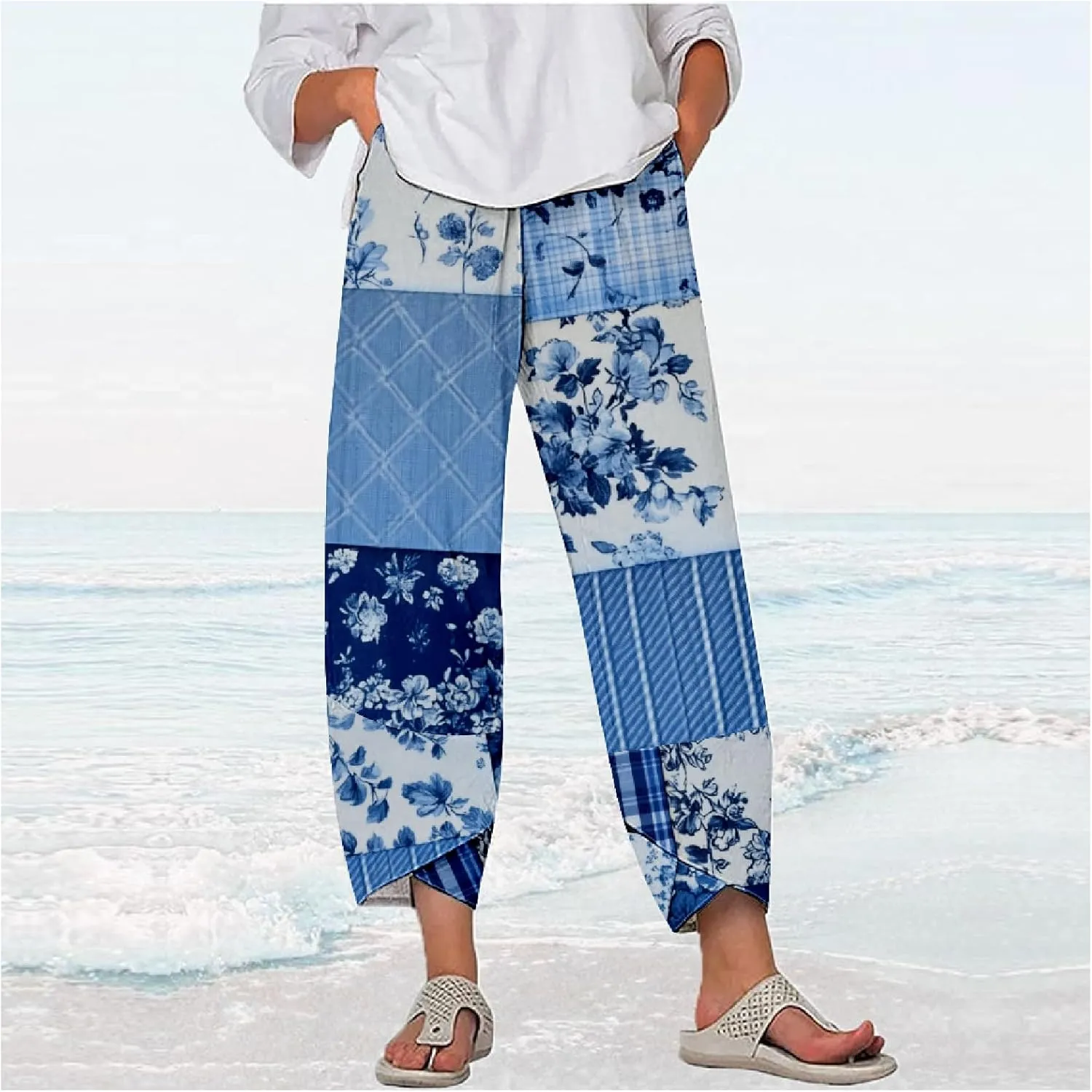 Womens Cotton Linen Blend High Waisted Capri Pants with Pockets Summer Elastic Waist Palazzo Lounge Baggy Trousers