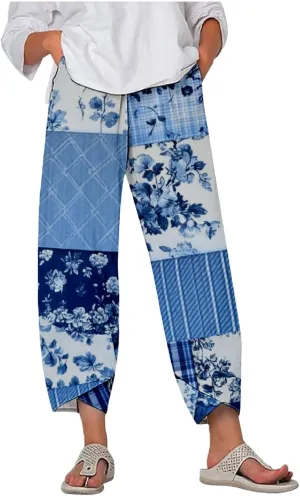 Womens Cotton Linen Blend High Waisted Capri Pants with Pockets Summer Elastic Waist Palazzo Lounge Baggy Trousers