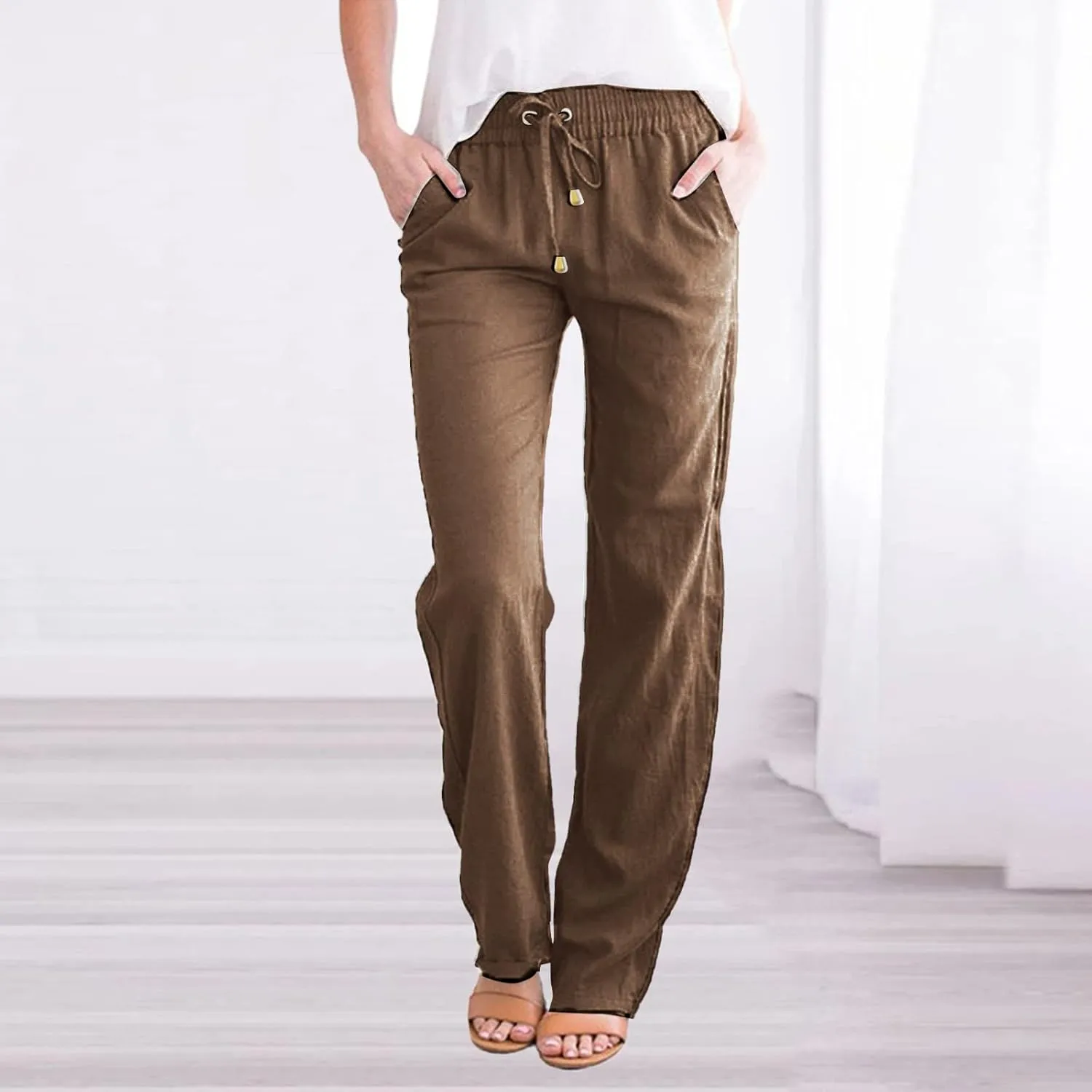 Women's Cotton Linen Pants 2025 Summer Casual Elastic Waist Trousers Relax Fit Comfy Yoga Beach Pant Sweatpants