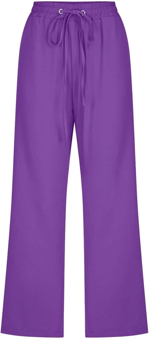 Womens Cotton Linen Summer Loose Flowy Pants Elastic Waisted Lounge Pants Slim-Fit Palazzo Pants Beach