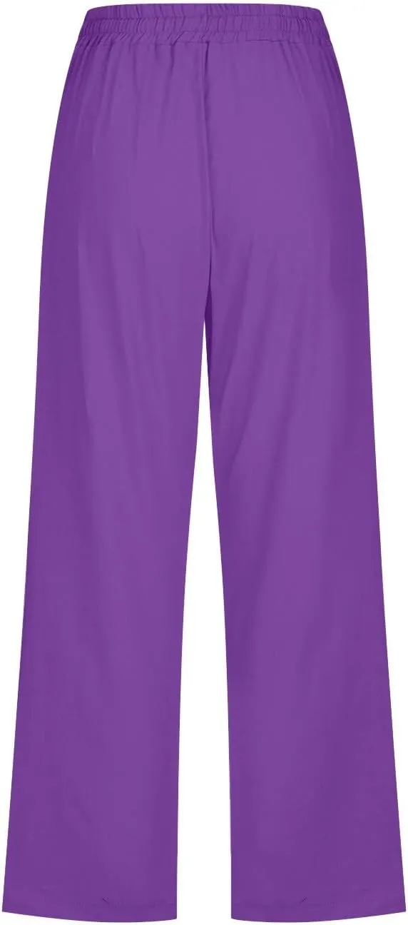 Womens Cotton Linen Summer Loose Flowy Pants Elastic Waisted Lounge Pants Slim-Fit Palazzo Pants Beach
