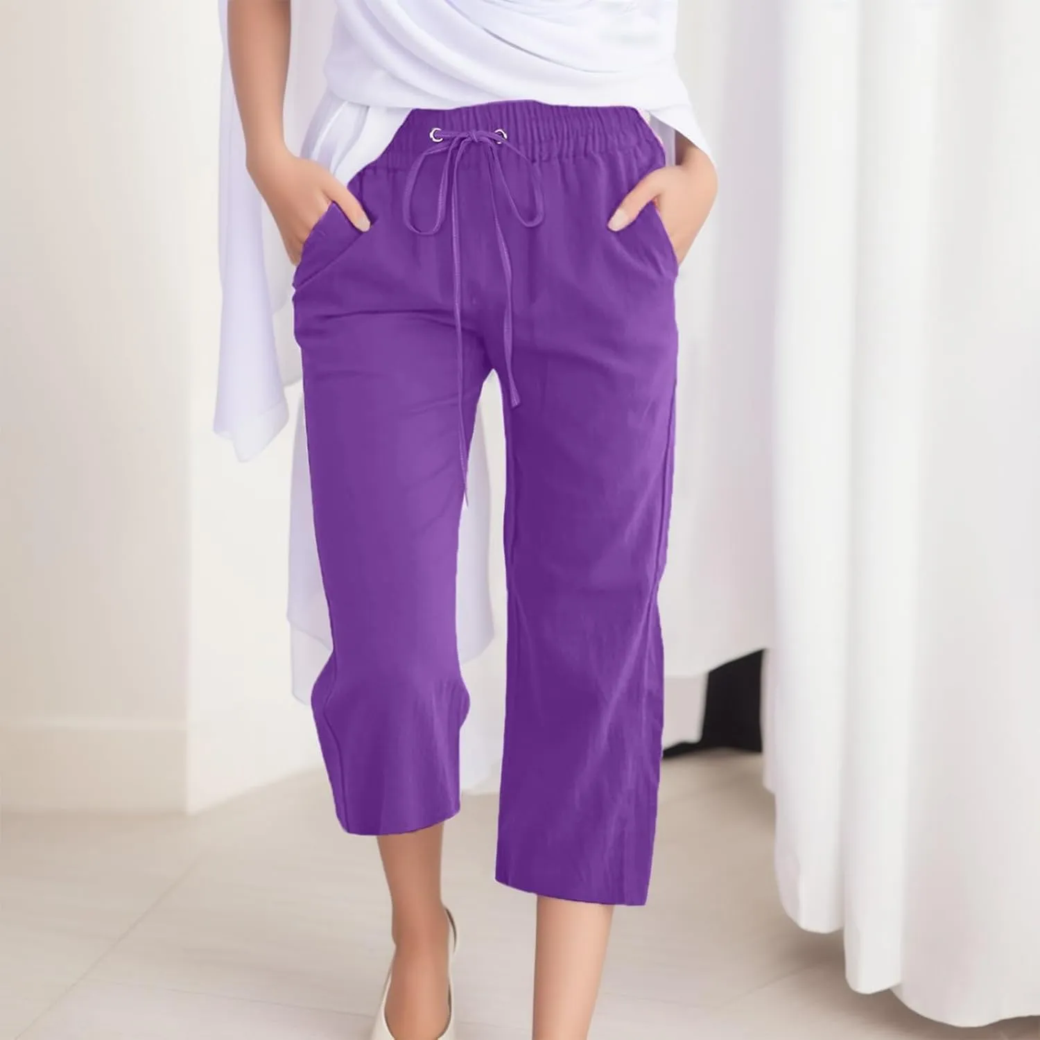 Womens Cotton Linen Summer Loose Flowy Pants Elastic Waisted Lounge Pants Slim-Fit Palazzo Pants Beach