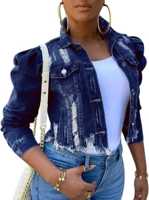 Women's Cute Elegant Solid Color Puff Sleeve Slim Fit Cropped Denim Jacket Casual Button Down Frayed Coat