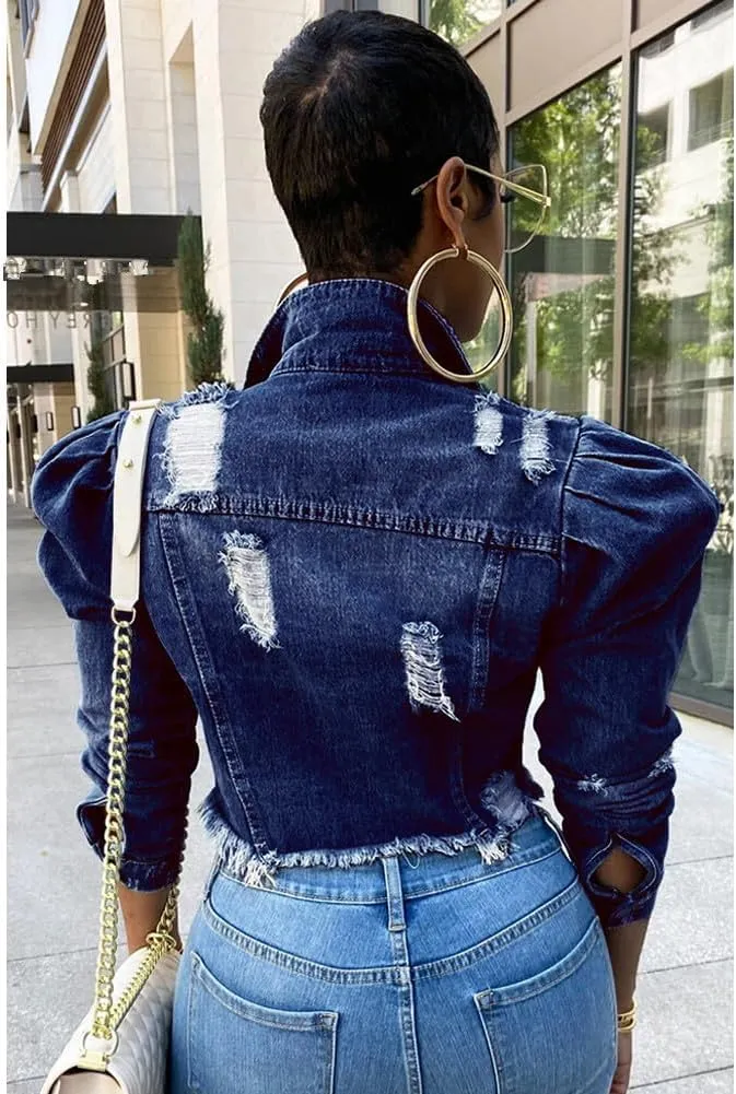 Women's Cute Elegant Solid Color Puff Sleeve Slim Fit Cropped Denim Jacket Casual Button Down Frayed Coat