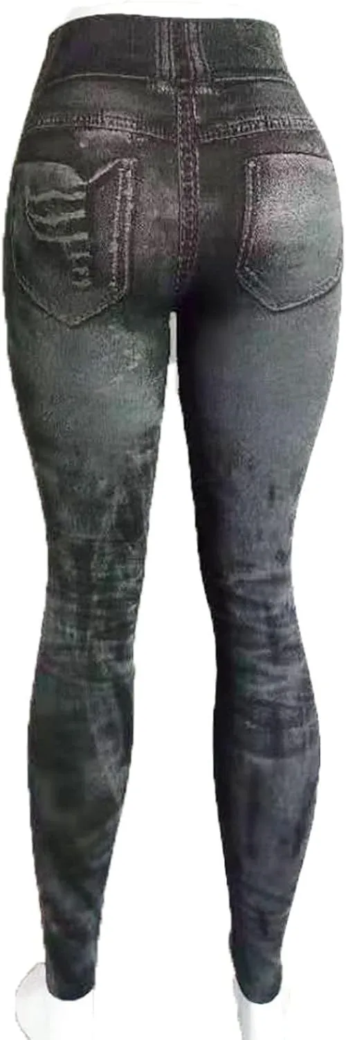Women's Denim Print Fake Jeans Leggings High Waist Butt Lift Elastic Slim Yoga Pants Stretch Comfy Casual Trousers
