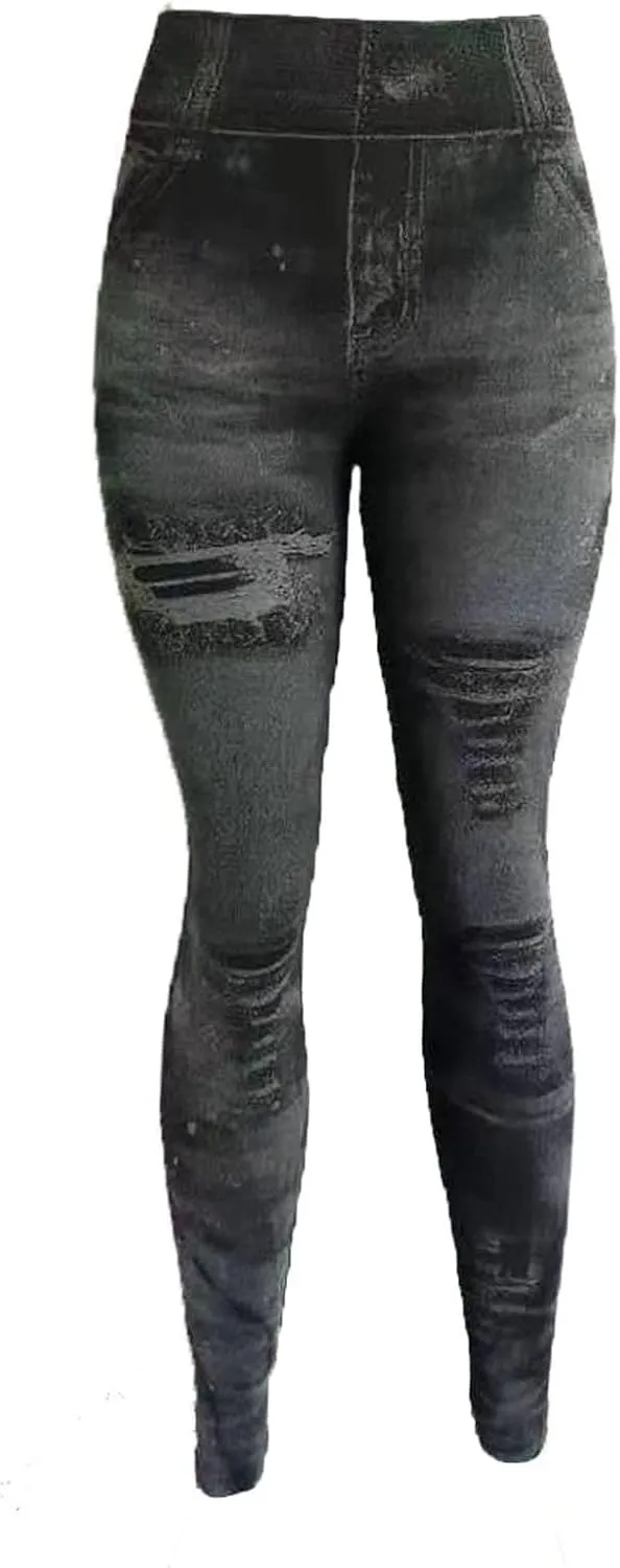 Women's Denim Print Fake Jeans Leggings High Waist Butt Lift Elastic Slim Yoga Pants Stretch Comfy Casual Trousers