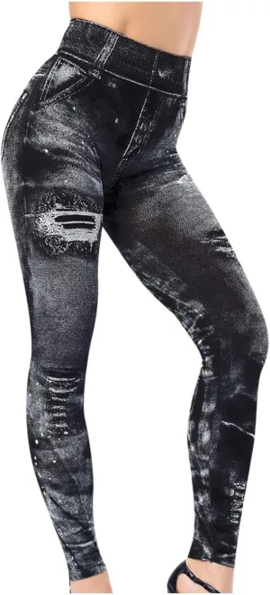 Women's Denim Print Fake Jeans Leggings High Waist Butt Lift Elastic Slim Yoga Pants Stretch Comfy Casual Trousers