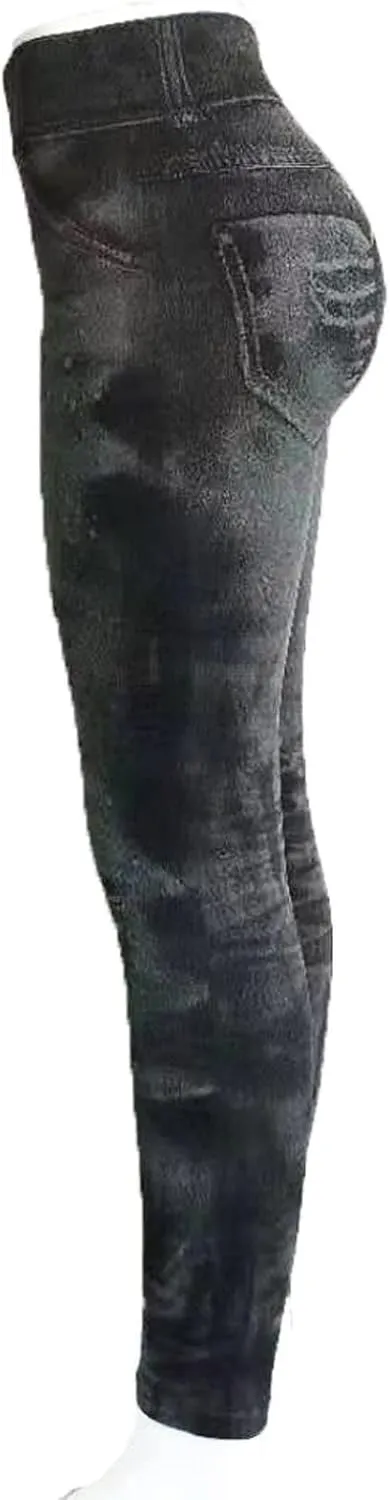 Women's Denim Print Fake Jeans Leggings High Waist Butt Lift Elastic Slim Yoga Pants Stretch Comfy Casual Trousers