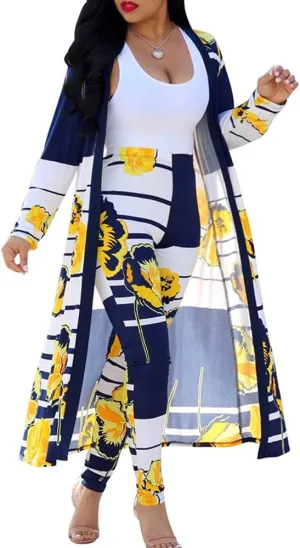 Womens Fashion Printed Long Cardigans 2 Piece Outfits,Long Sleeve Coat and Trousers Set