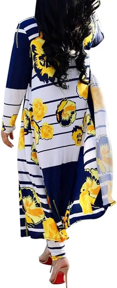 Womens Fashion Printed Long Cardigans 2 Piece Outfits,Long Sleeve Coat and Trousers Set