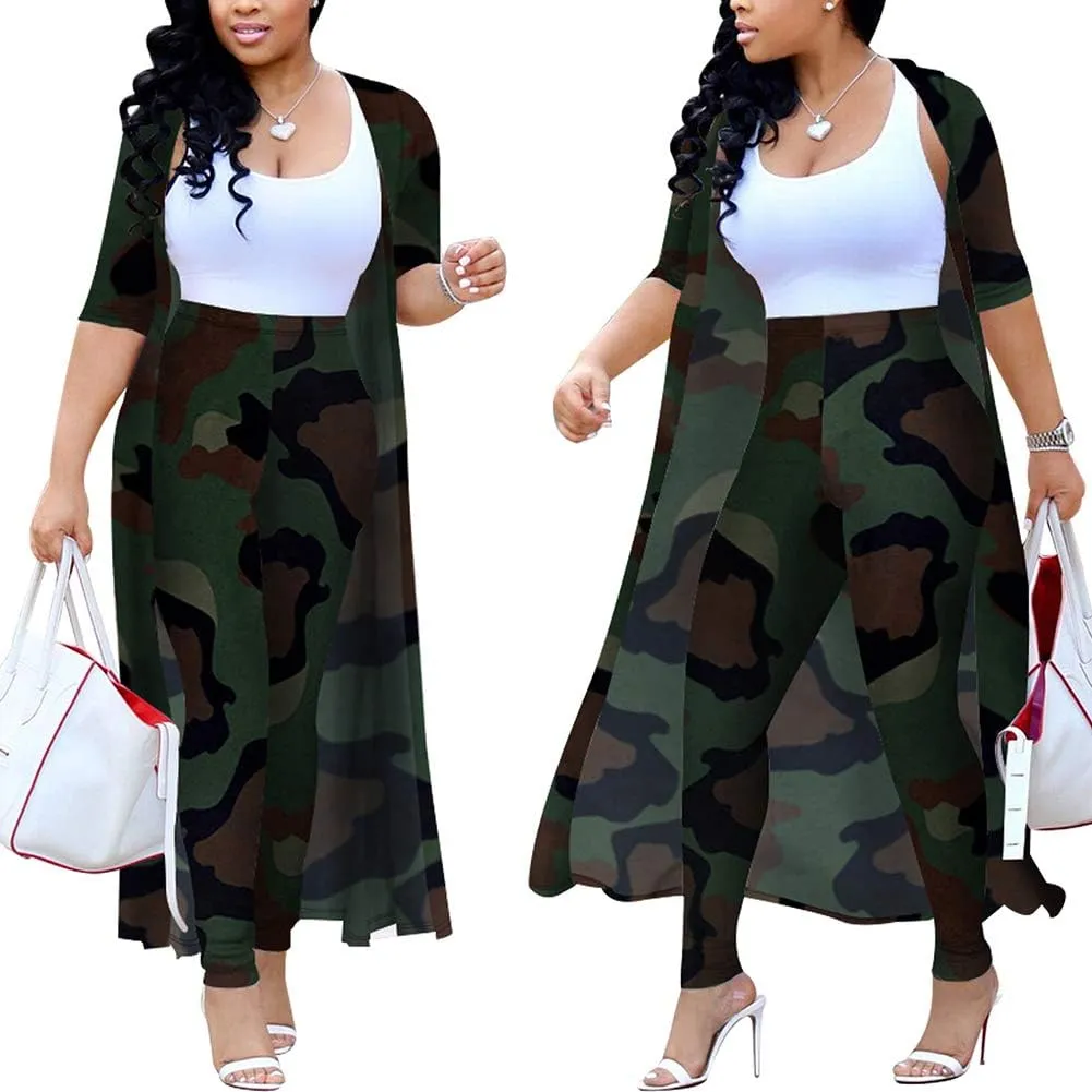 Womens Fashion Printed Long Cardigans 2 Piece Outfits,Long Sleeve Coat and Trousers Set