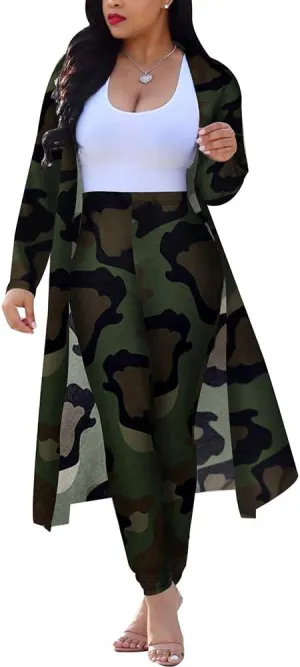 Womens Fashion Printed Long Cardigans 2 Piece Outfits,Long Sleeve Coat and Trousers Set