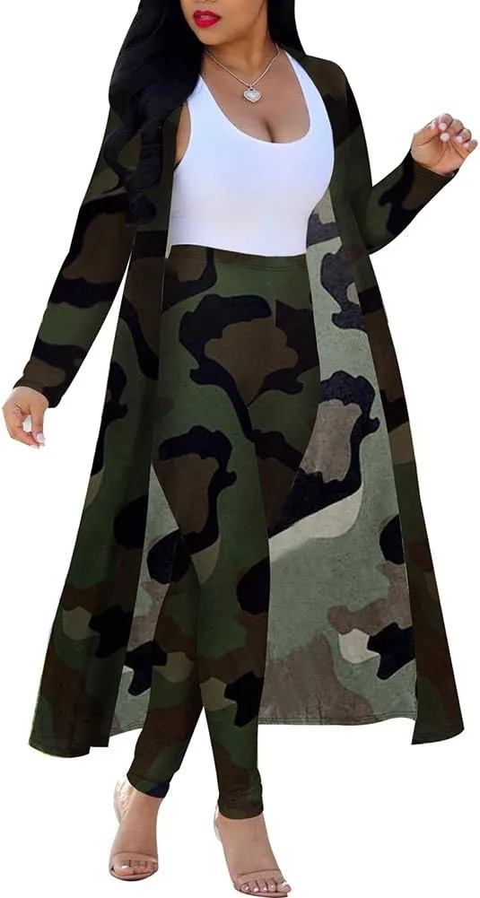 Womens Fashion Printed Long Cardigans 2 Piece Outfits,Long Sleeve Coat and Trousers Set