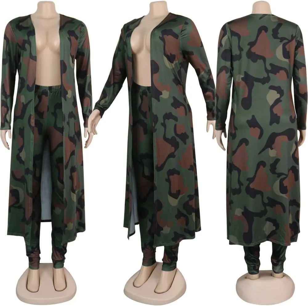 Womens Fashion Printed Long Cardigans 2 Piece Outfits,Long Sleeve Coat and Trousers Set
