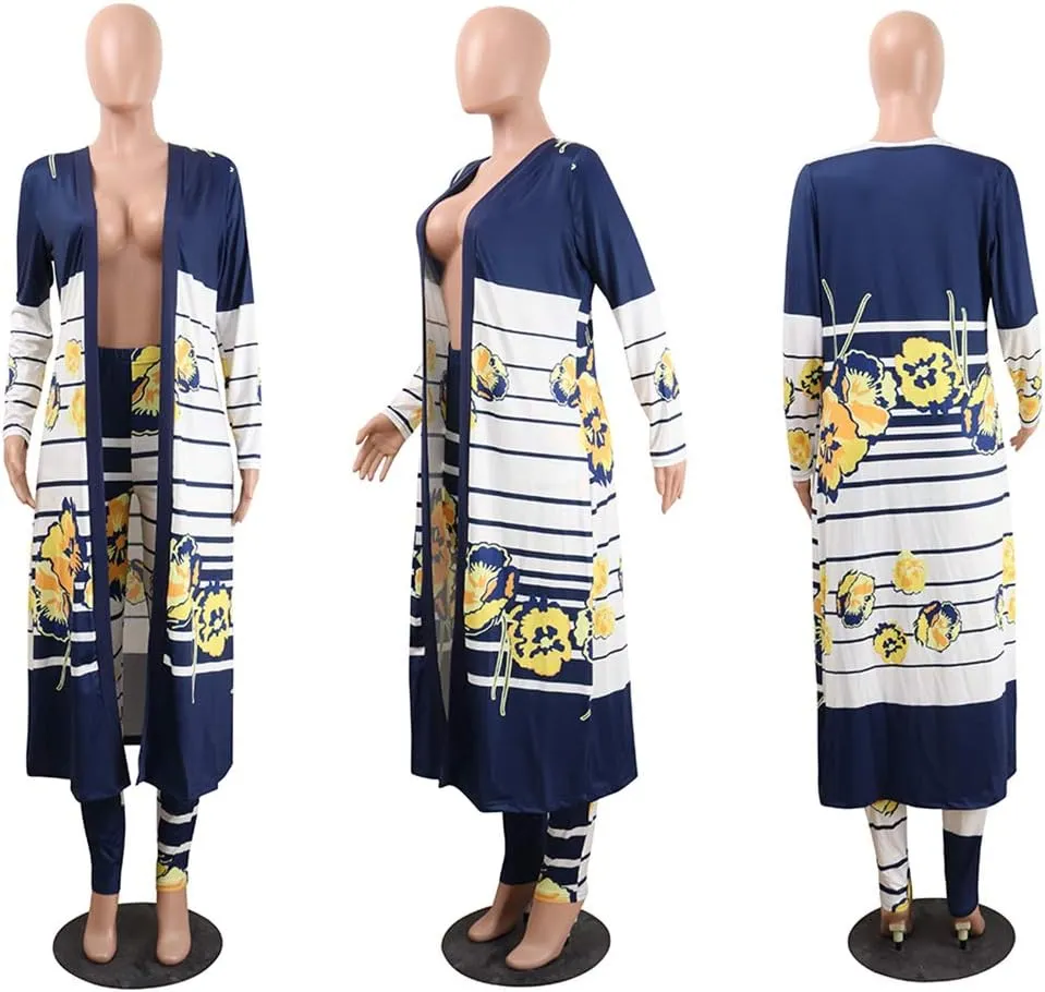 Womens Fashion Printed Long Cardigans 2 Piece Outfits,Long Sleeve Coat and Trousers Set