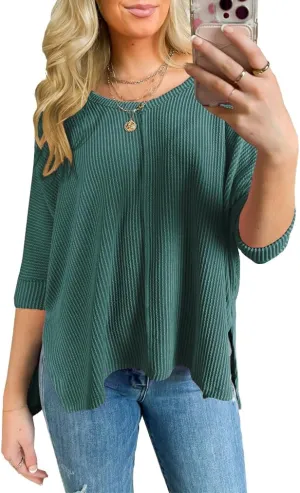 Womens Fashion Tunic Tops Ribbed Batwing 3/4 Sleeve Casual Corded Textured Split Hi-Lo Hem Shirts Blouses