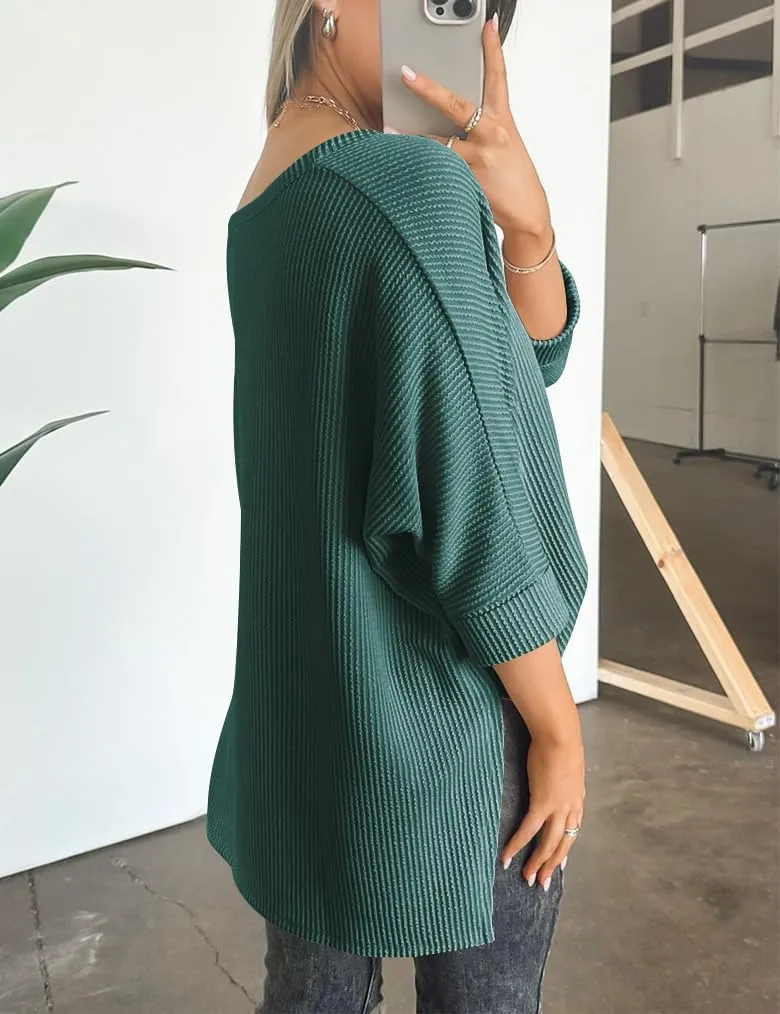 Womens Fashion Tunic Tops Ribbed Batwing 3/4 Sleeve Casual Corded Textured Split Hi-Lo Hem Shirts Blouses