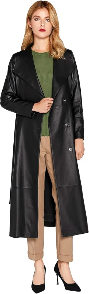 Women's Genuine Leather Trench Coat Black Lambskin Long Leather Jacket Coat with Belt SmartUniverseWear