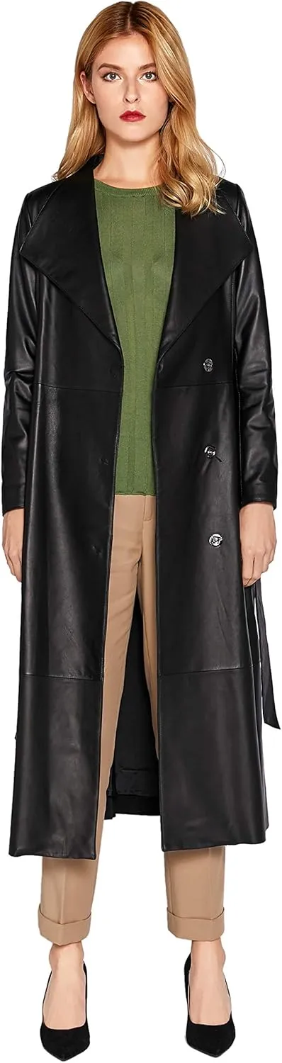 Women's Genuine Leather Trench Coat Black Lambskin Long Leather Jacket Coat with Belt SmartUniverseWear
