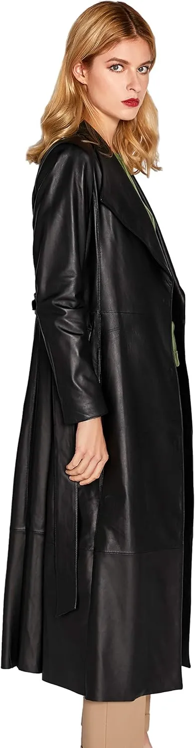 Women's Genuine Leather Trench Coat Black Lambskin Long Leather Jacket Coat with Belt SmartUniverseWear