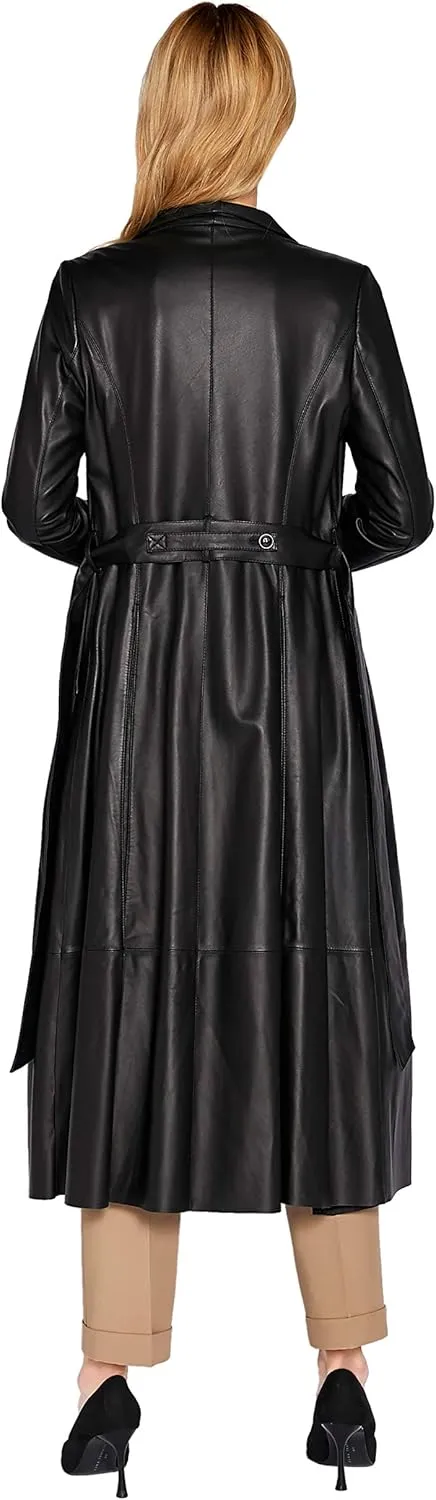 Women's Genuine Leather Trench Coat Black Lambskin Long Leather Jacket Coat with Belt SmartUniverseWear