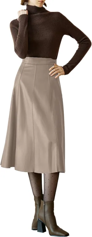 Women's High Waisted PU Leather Skirts, A-Line Midi Length Classical Skirt