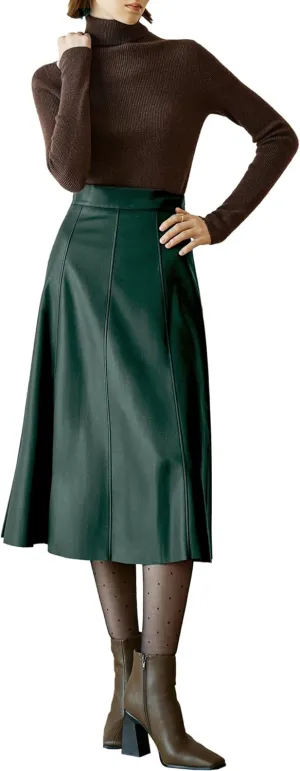 Women's High Waisted PU Leather Skirts, A-Line Midi Length Classical Skirt