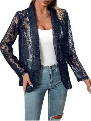 Women's Lace Blazer Open Front 3/4 Sleeve Button Down Sheer Mesh Lace Blazers Elegant Casual Blazer Jacket