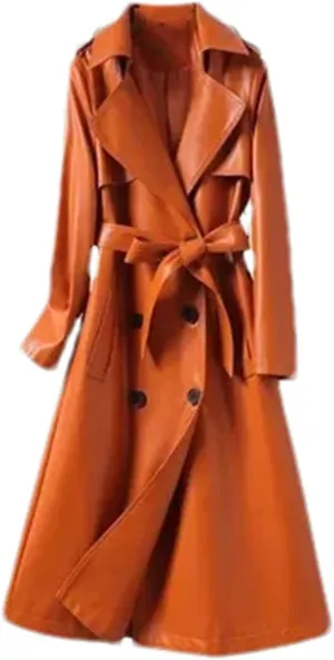 Women's Lambskin Leather Trench Coat - Double-Breasted Winter Mid-Length Real Lambskin Leather Coats With Belt