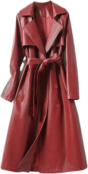 Women's Lambskin Leather Trench Coat - Double-Breasted Winter Mid-Length Real Lambskin Leather Coats With Belt