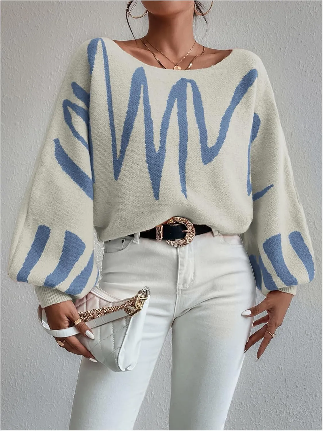 Women's Lantern Sleeve Sweater Graphic Boat Neck Drop Shoulder Long Sleeve Oversized Pullovers Jumper Top