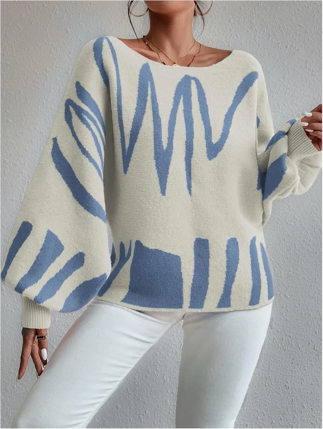 Women's Lantern Sleeve Sweater Graphic Boat Neck Drop Shoulder Long Sleeve Oversized Pullovers Jumper Top