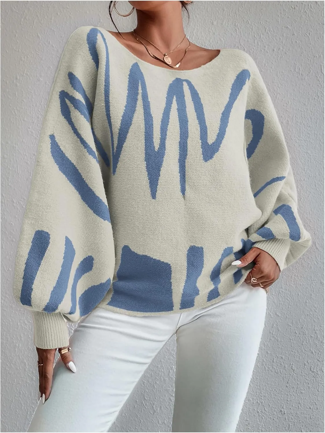 Women's Lantern Sleeve Sweater Graphic Boat Neck Drop Shoulder Long Sleeve Oversized Pullovers Jumper Top