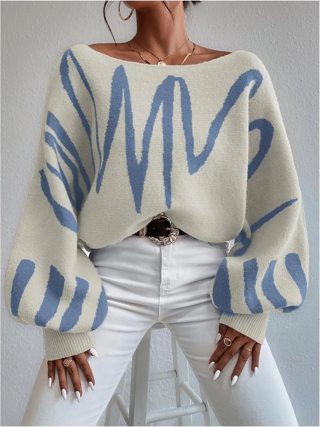 Women's Lantern Sleeve Sweater Graphic Boat Neck Drop Shoulder Long Sleeve Oversized Pullovers Jumper Top