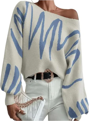 Women's Lantern Sleeve Sweater Graphic Boat Neck Drop Shoulder Long Sleeve Oversized Pullovers Jumper Top