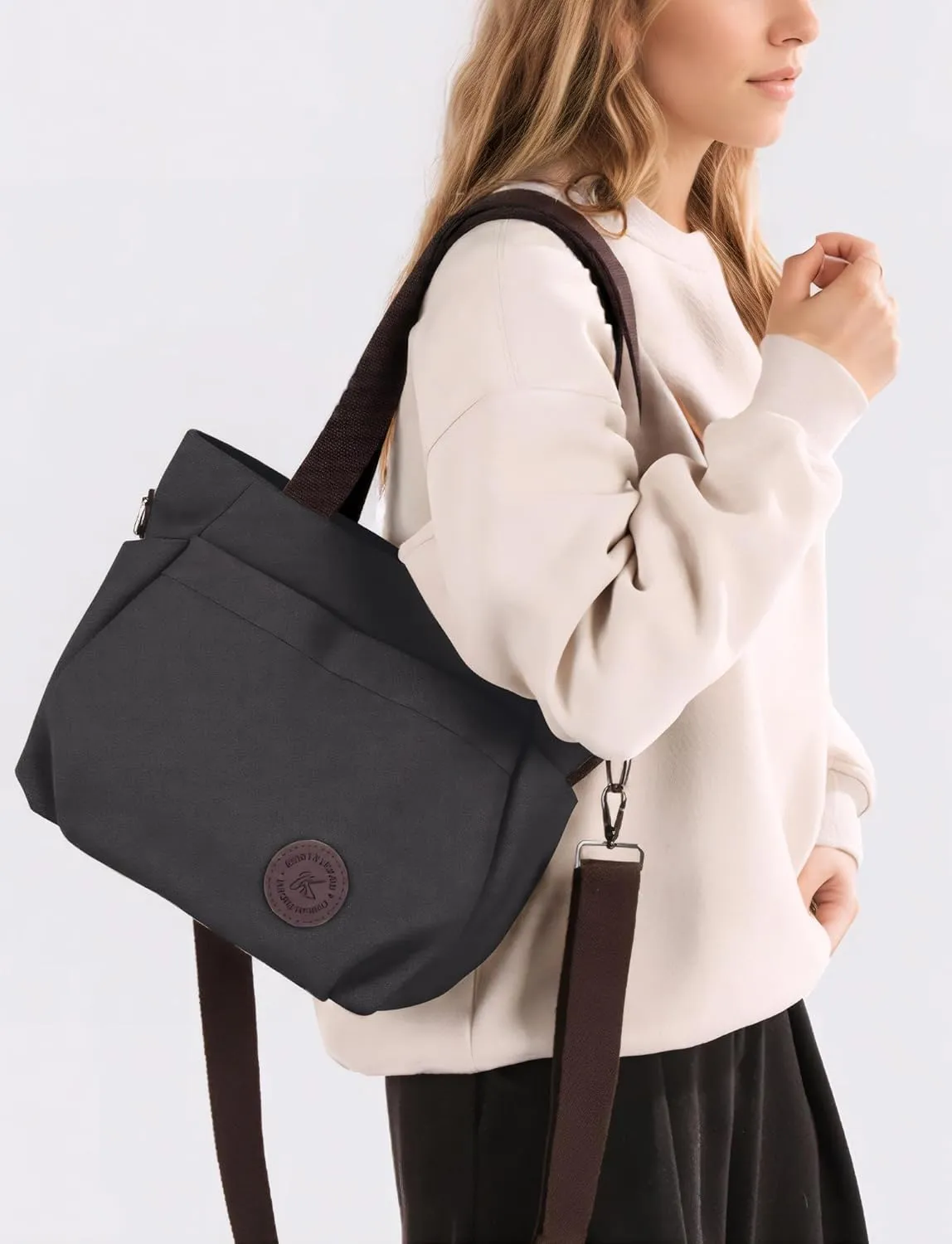 Womens Large Canvas Tote Bag Convertible Backpack Lightweight Crossbody Shoulder Bag Multi-pocket Top Handle Work Bag