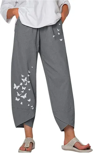 Womens Linen Pants High Waisted Loose Trousers Casual Elastic Waist Print Pant Trendy Comfy Beach Bottoms with Pocket