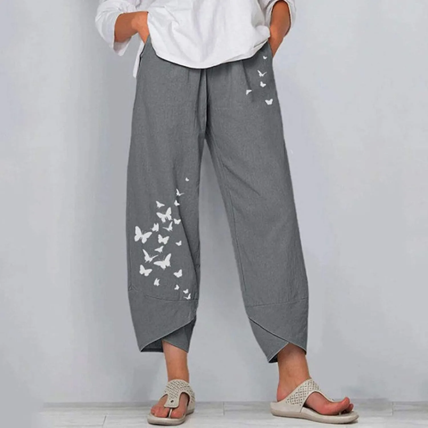 Womens Linen Pants High Waisted Loose Trousers Casual Elastic Waist Print Pant Trendy Comfy Beach Bottoms with Pocket