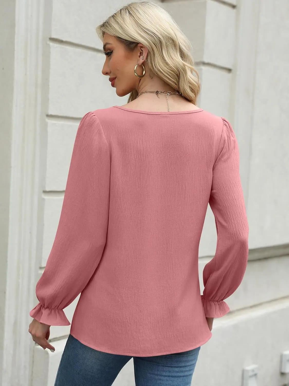 Womens Long Sleeve Tops Dressy Business Casual Blouses Basic Loose Fit V Neck Work Shirt 2024 Fall Clothes Outfits