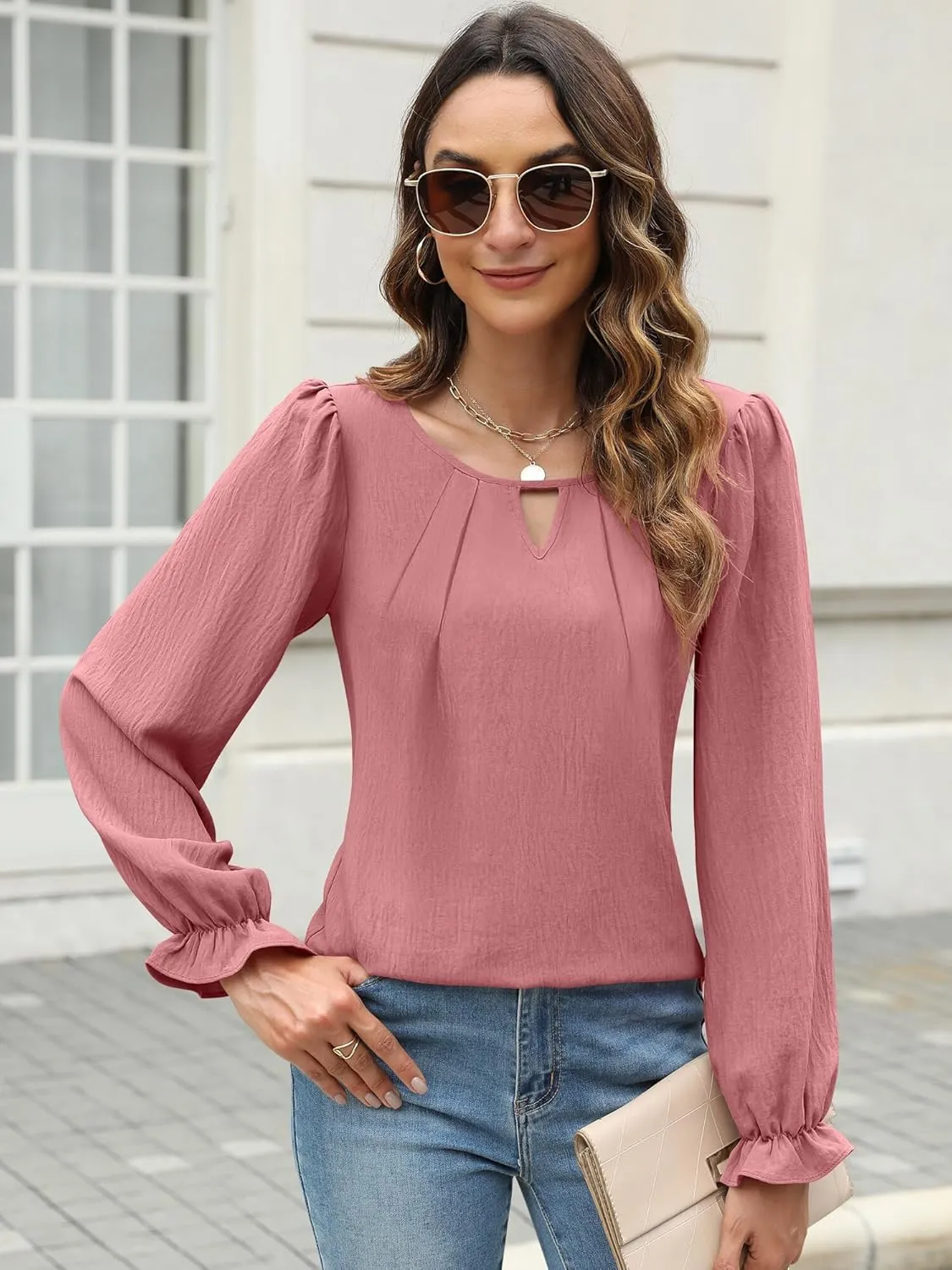 Womens Long Sleeve Tops Dressy Business Casual Blouses Basic Loose Fit V Neck Work Shirt 2024 Fall Clothes Outfits