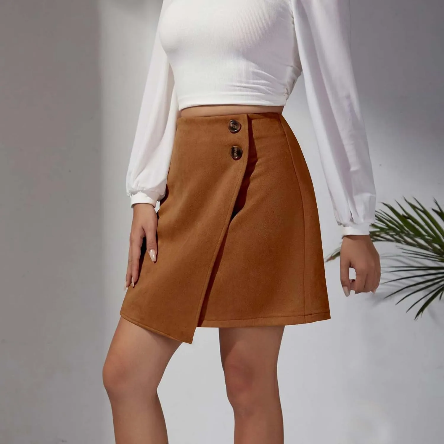 Women's Mini Short Wrap High Waisted A-Line Skirt Fashion Casual Comfortable Solid Color Irregular Button Down Skirts