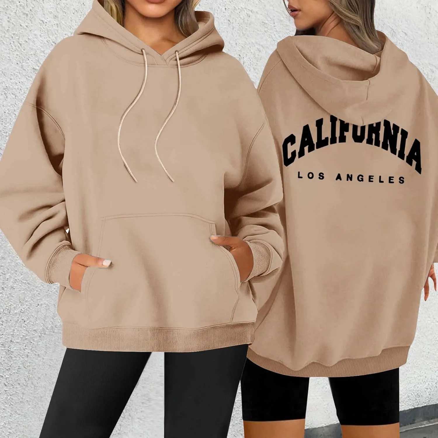 Womens Oversized Hoodies Fleece Hooded Sweatshirts Solid Basic Loose Letter Pullover Tops Drawstring 2024 Fall Outfit