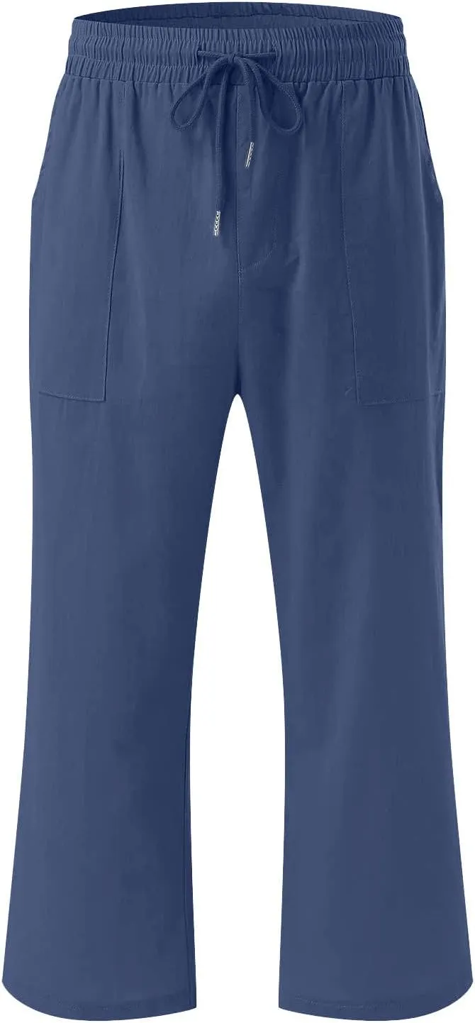 Women's Pants Drawstring Elastic Waist Trousers Slacks Cotton Linen Capri Pants Pull-On Legging Pant Summer Beach Quick Dry
