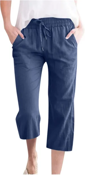 Women's Pants Drawstring Elastic Waist Trousers Slacks Cotton Linen Capri Pants Pull-On Legging Pant Summer Beach Quick Dry