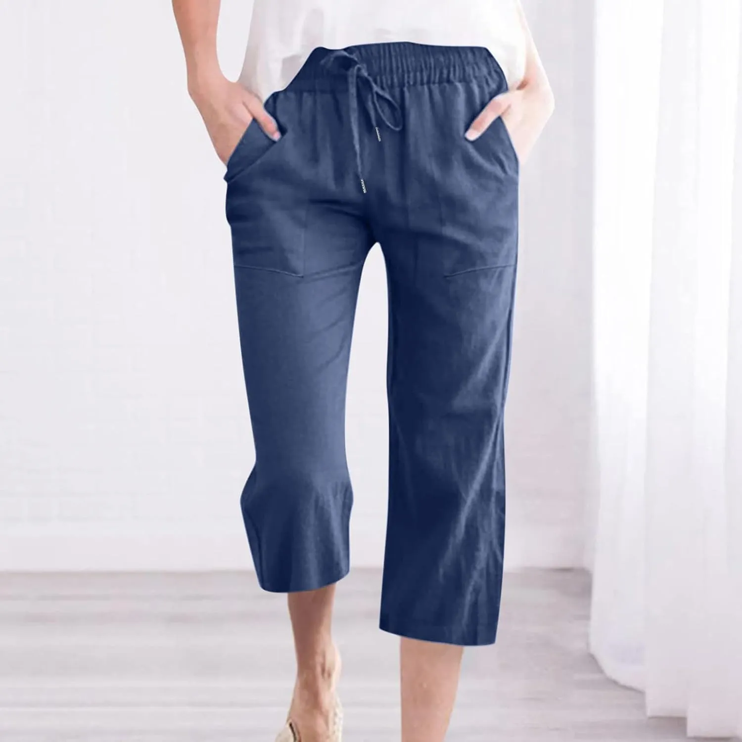 Women's Pants Drawstring Elastic Waist Trousers Slacks Cotton Linen Capri Pants Pull-On Legging Pant Summer Beach Quick Dry