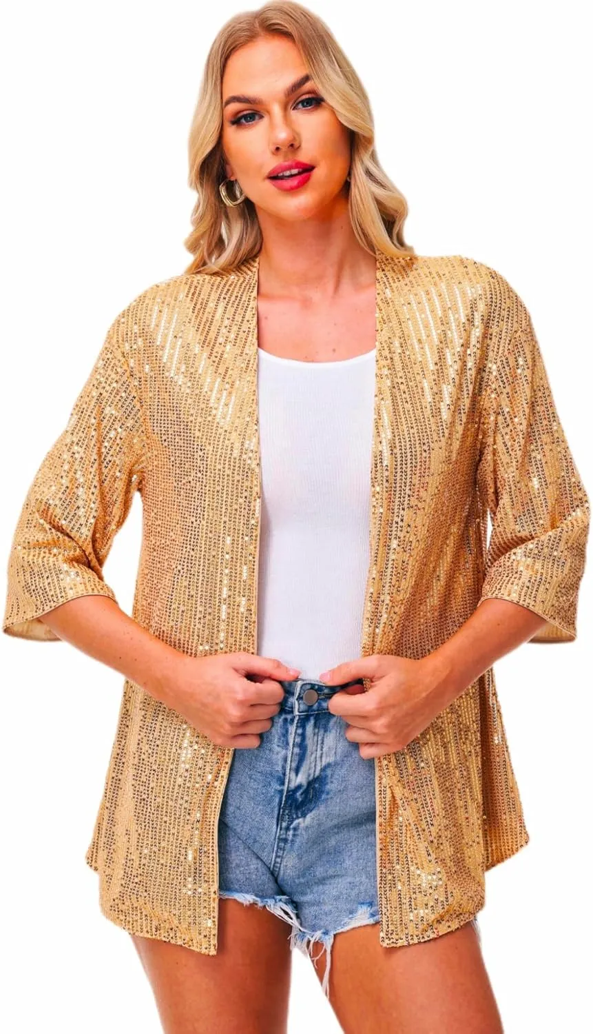Women's Sequin Cardigan Casual 3/4 Sleeve Shinny Coat Open Front Sparkle Outwear Party Evening Glitter Cardigans