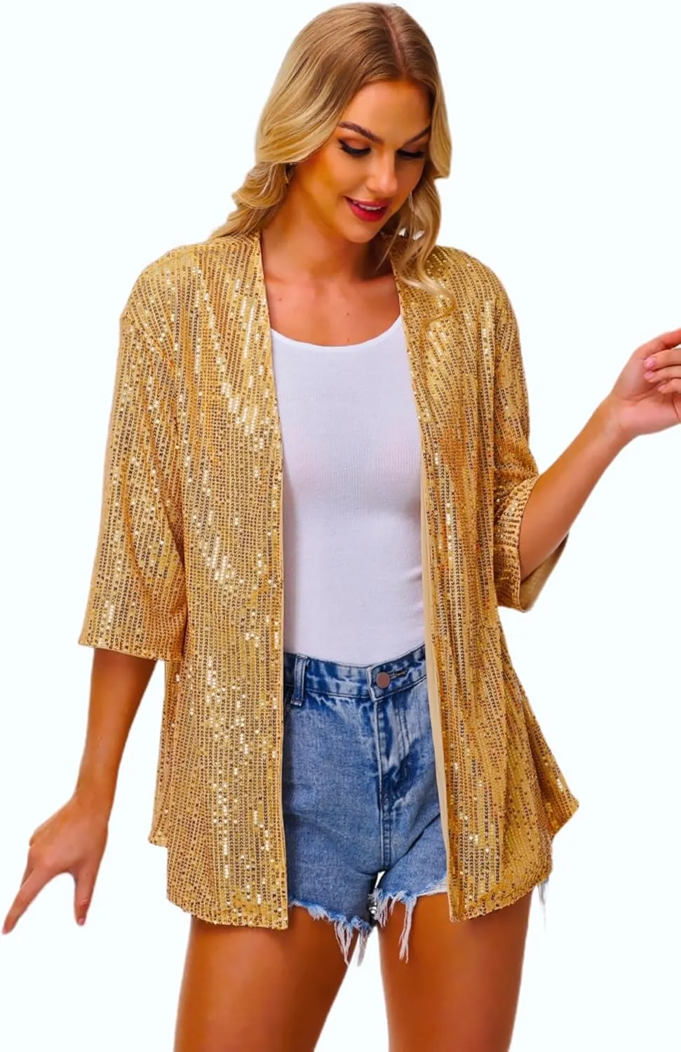 Women's Sequin Cardigan Casual 3/4 Sleeve Shinny Coat Open Front Sparkle Outwear Party Evening Glitter Cardigans