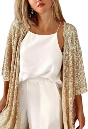 Women's Sequin Cardigan Casual 3/4 Sleeve Shinny Coat Open Front Sparkle Outwear Party Evening Glitter Cardigans