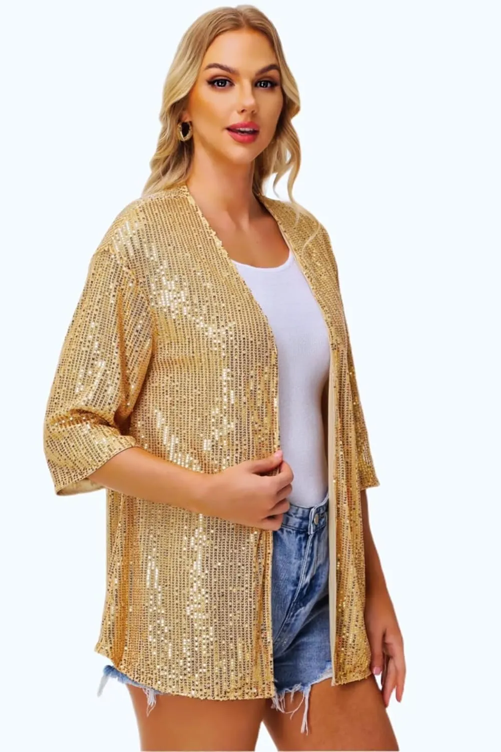 Women's Sequin Cardigan Casual 3/4 Sleeve Shinny Coat Open Front Sparkle Outwear Party Evening Glitter Cardigans